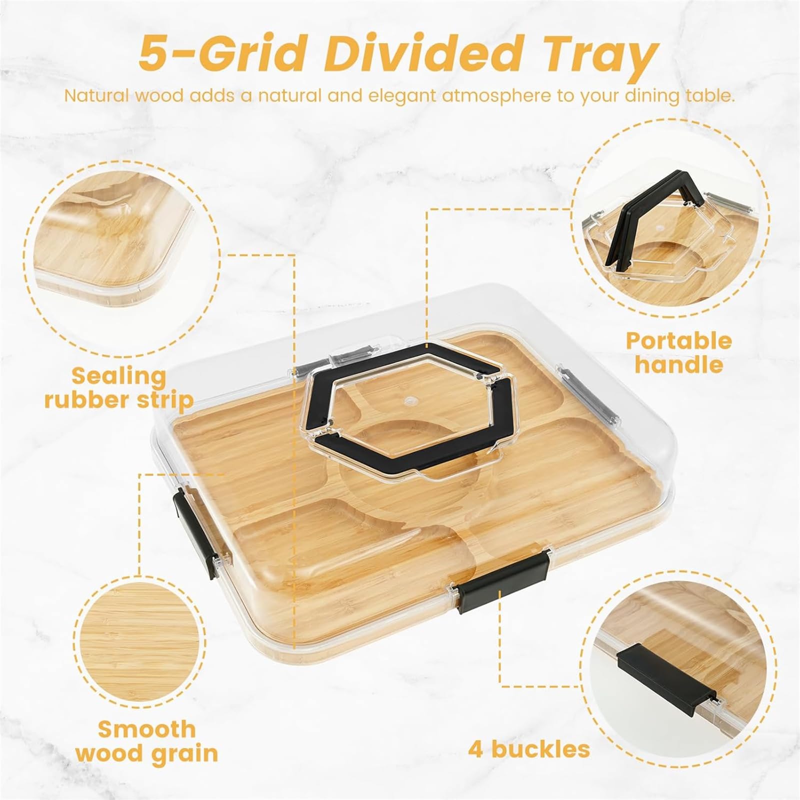 Lot de 2 plateaux de service en bambou avec couvercle et 5 compartiments - Plateau à fromage - Plateau à fruits - Serveur en bois épais - Cadeau de réchauffement de la maison pour les gourmets