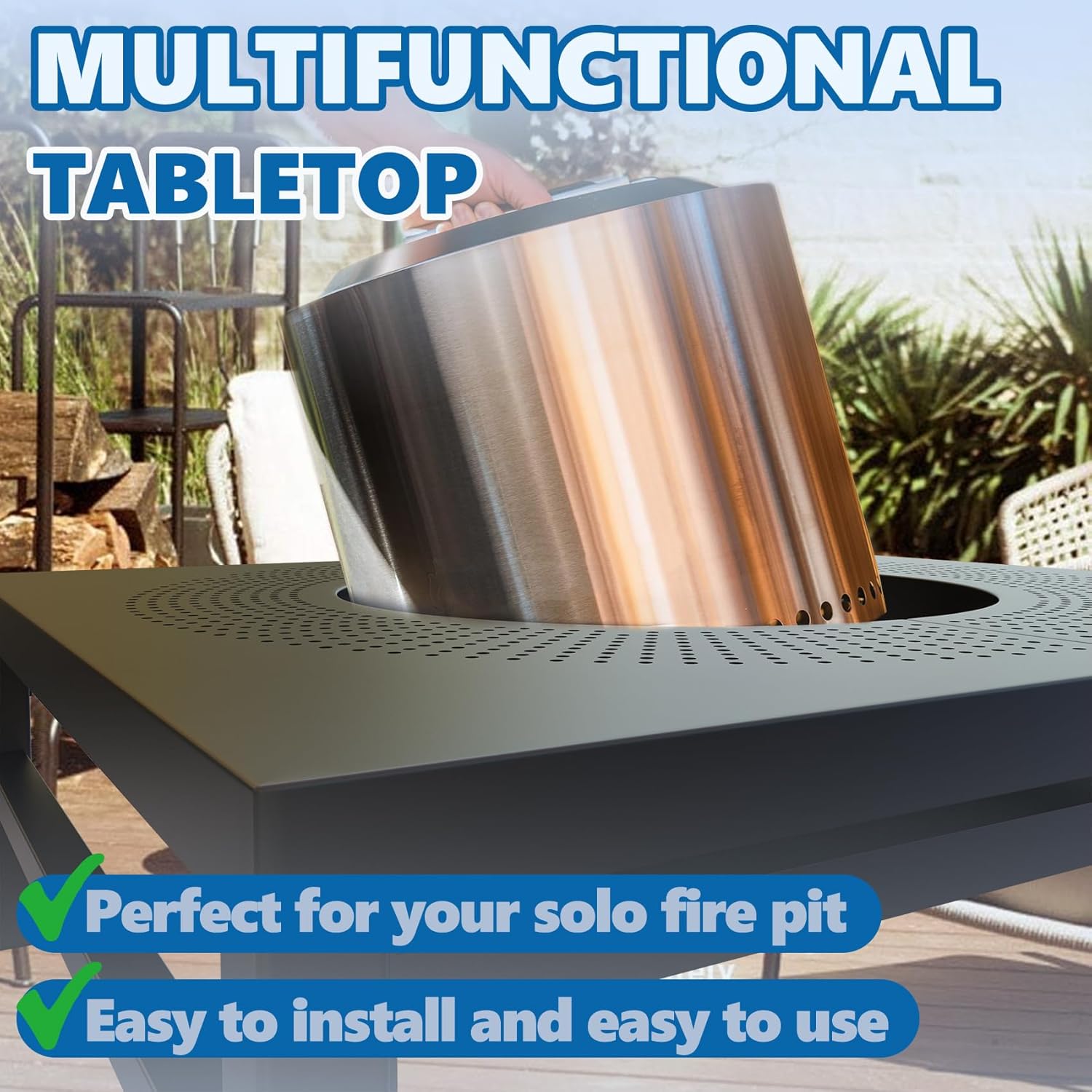 SafBbcue Fire Pit Surround Table for Solo Stove Bonfire/Ranger Accessories, 38" Fire Pit Table for Smokeless Patio Fire Pit, Firepit Surround Tabletop for Solo Stove Bonfire with Waterproof Cover