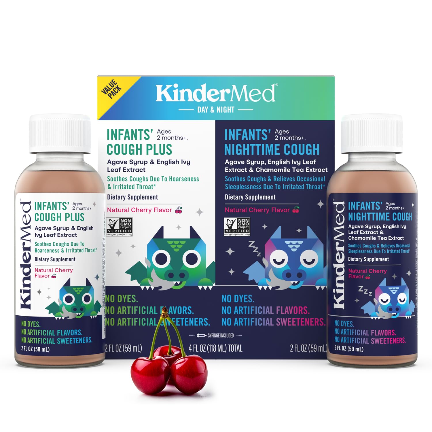 KinderMed Infants' Cough Day & Night Value Pack - Organic Agave Syrup and English Ivy Leaf Extract - No Dyes, No Artificial Flavors or Sweeteners - for Ages 2 Months+ - Natural Cherry Flavor, 2 Fl Oz
