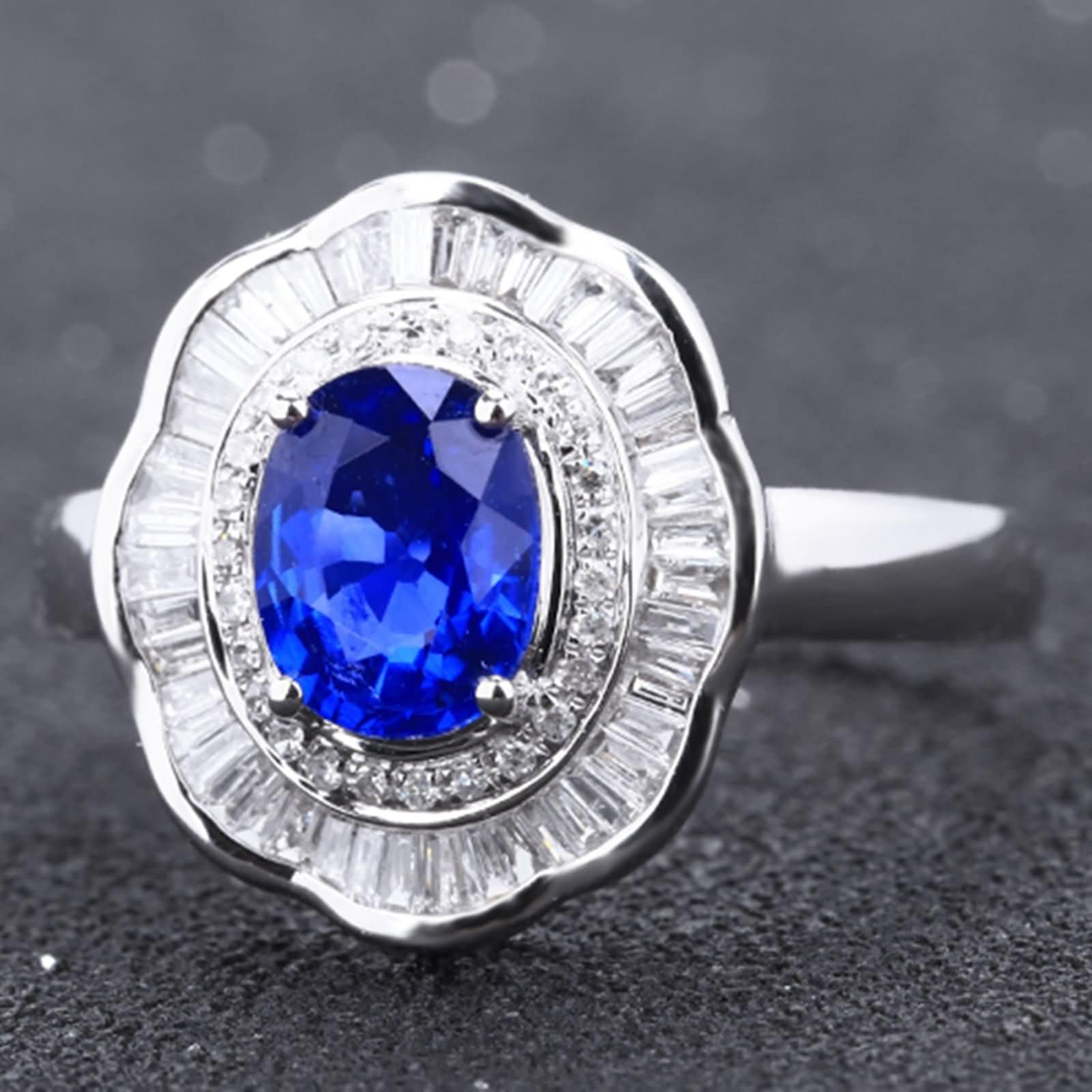 Beydodo Anillos de Compromiso Oro Blanco para Mujer 9 14 18 K con Oval con Zafiro Creado de 1.22ct y Moissanita, Anillo Mujer Boda Plata Azul