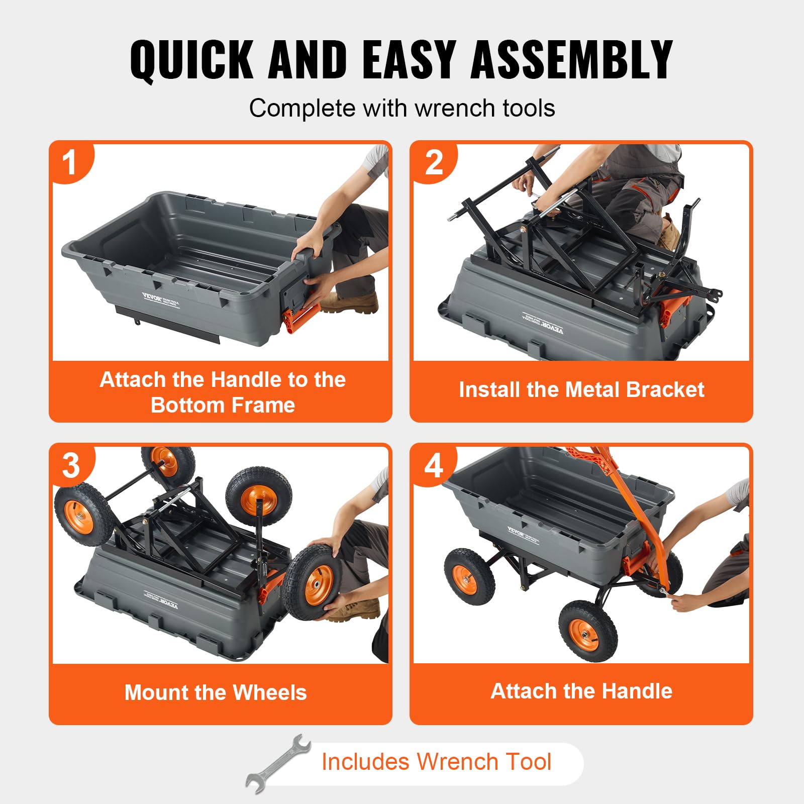 VEVOR Chariot à Benne basculante, capacité de Charge 680 kg​, Chariot de Jardin en polyéthylène Robuste avec Cadre en Acier, poignée Convertible 2 en 1, Roues 330 mm, brouette Utilitaire pour pelouse