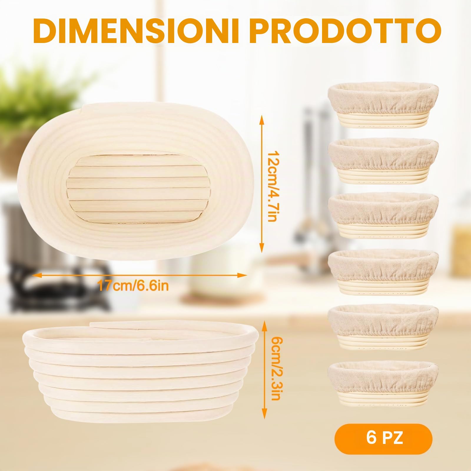 Cestino lievitazione pane 6 pcs, mini cestini per lievito madre, 6 pollici, accessori per fare il panes, ciotole in rattan per la lievitazione dell'impasto, forniture per la cottura del pane (Ovale)