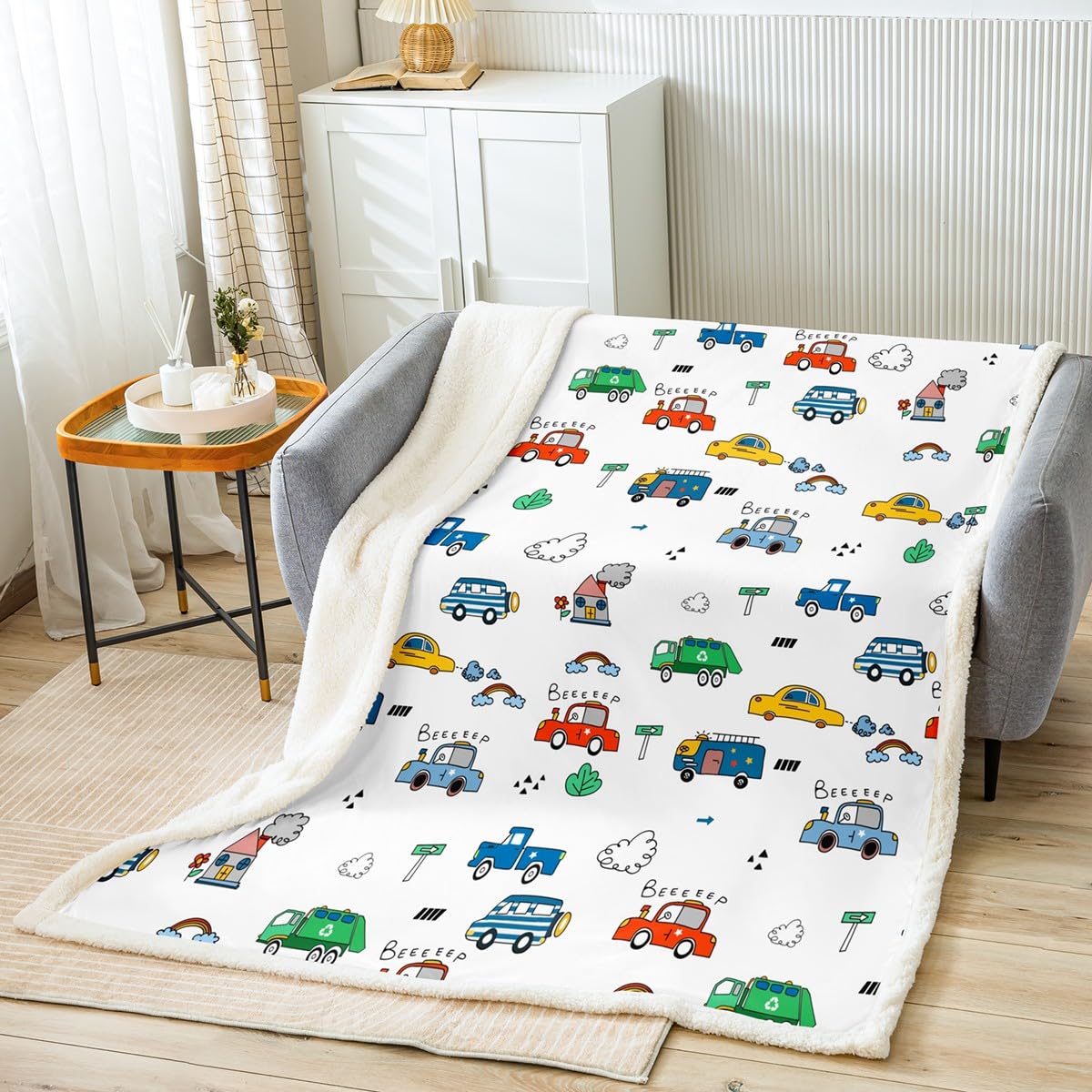 Homemissing Boys Multicolored 13216 Kids Car Sherpa Blanket Cars Bus Print Fleece Throw Blanket Cartoon Farm Tractor Plush Blanket For Kids Girls Transport Vehicles Cars Fuzzy Blanket Double 60X79 Inch