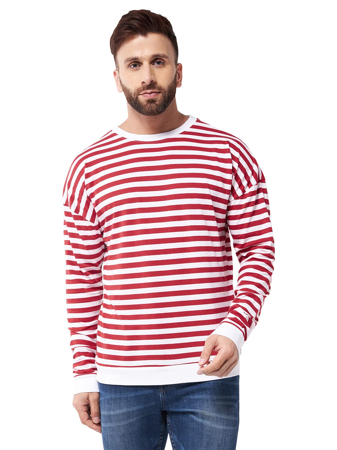 GRITSTONES Men OversizedRound Neck Stripe Drop Shoulder Cotton T-Shirt