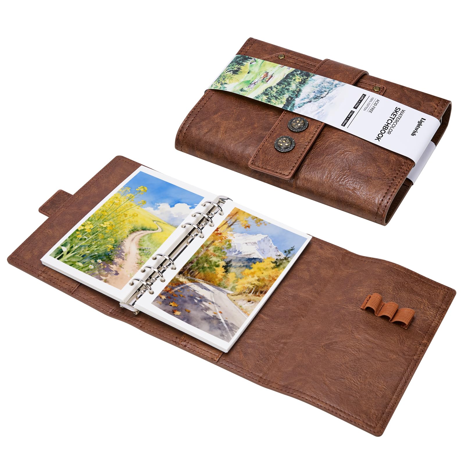 Lightwish Watercolor Sketchbook, 100% Cotton 300gsm Acid Free Cold Press, 17x10cm (6.69" x 3.94"), 20 Sheets, Binder Bound & Refillable, Travel Art Journal for Artists, Adults, Students(Brown)