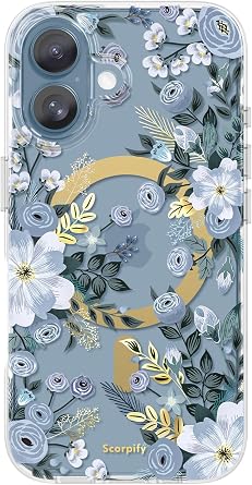 SCORPIFY for iPhone 17 Case [Compatible with MagSafe] with Blue Nemophila Floral Design, Cute Clear Flower Magnetic Phone Cover for Women Girls,[Non Yellowing] Slim Bumper with Gold Accents