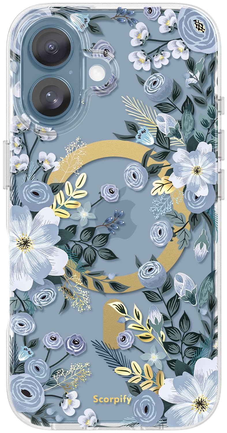 SCORPIFY for iPhone 17 Case [Compatible with MagSafe] with Blue Nemophila Floral Design, Cute Clear Flower Magnetic Phone Cover for Women Girls,[Non Yellowing] Slim Bumper with Gold Accents
