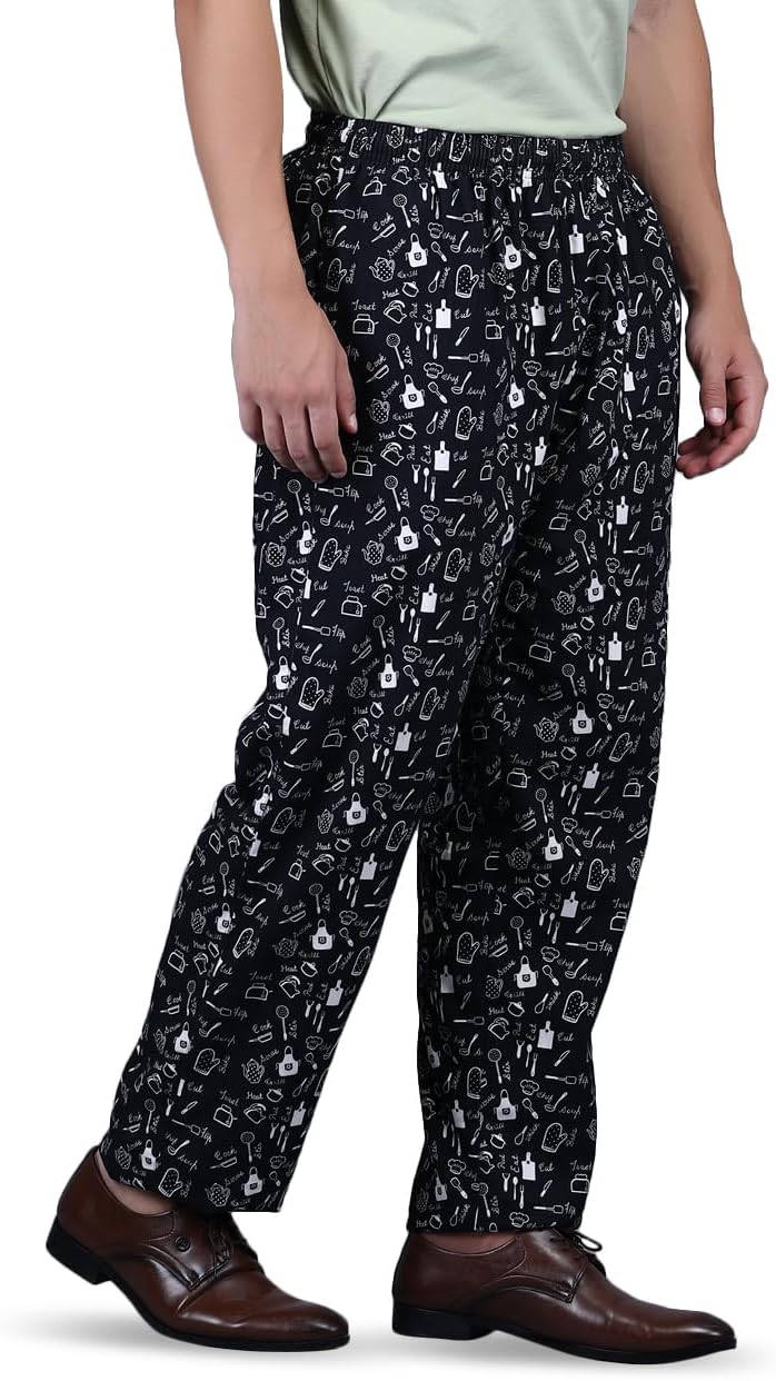 Unisex Printed 100% Cotton Men Women Chef Pants Trouser with Draw String for Food Service, Bakers and Culinary Professional