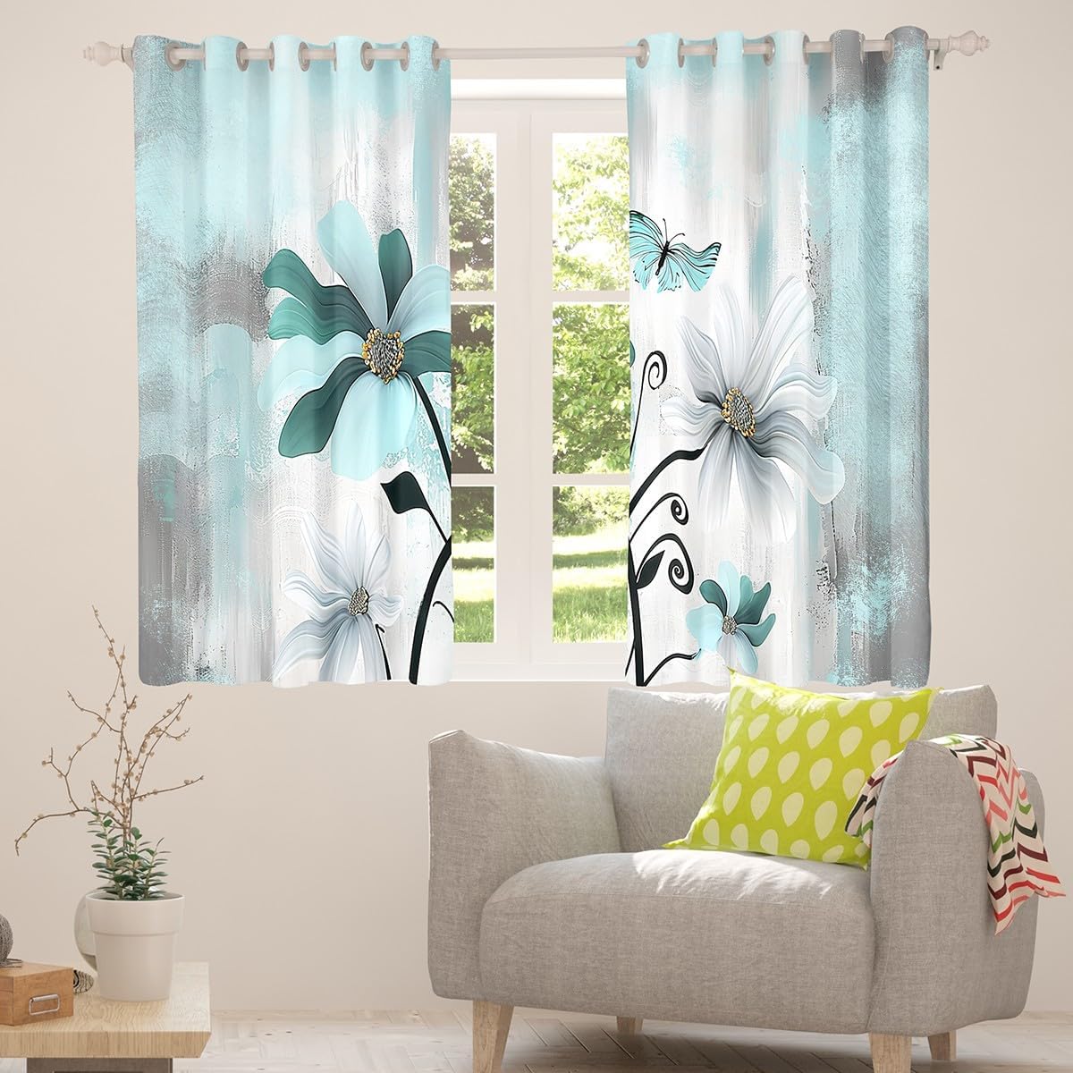Feelyou Flower Curtains for Bedroom Living Room (2 Panels, 38 x 45 Inch) Kids Vintage Floral Blackout Curtains Boys Girls Butterfly Darkening Drapes Botanical Nature Theme Window Treatments