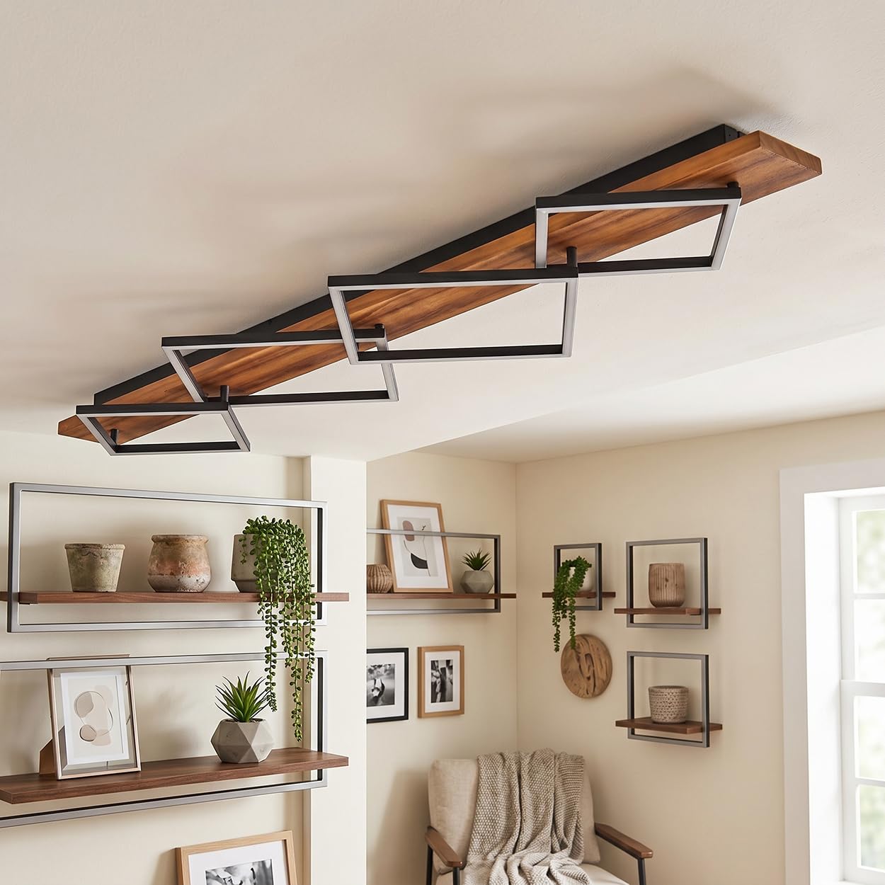 Plafoniera a LED HOFSTEIN Pompu, in metallo/legno/plastica in marrone scuro/nero/bianco, 56W, 7600 lumen, 3000 Kelvin, lampada moderna per camera da letto, sala da pranzo, soggiorno, cucina, corridoio