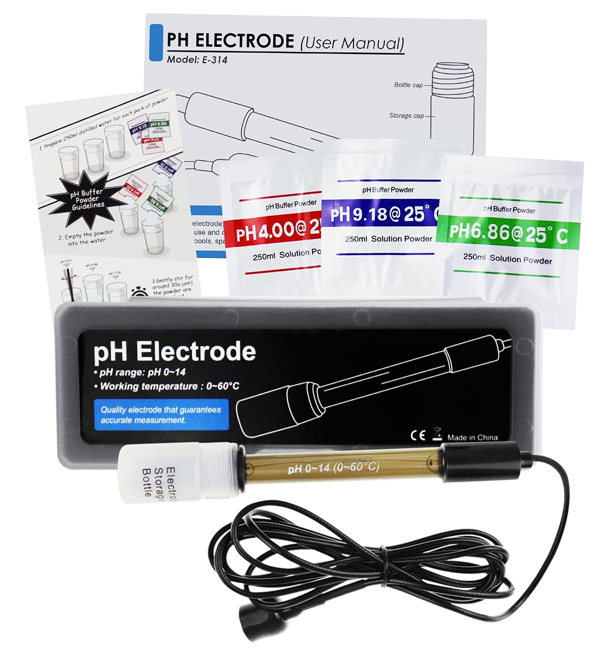 GAIN EXPRESS Électrode de pH Haute précision pour Une Surveillance Continue du pH, sonde de pH 0-14 avec câble connecteur BNC de 200 cm de Long et kit de Remplacement de Poudre d'étalonnage