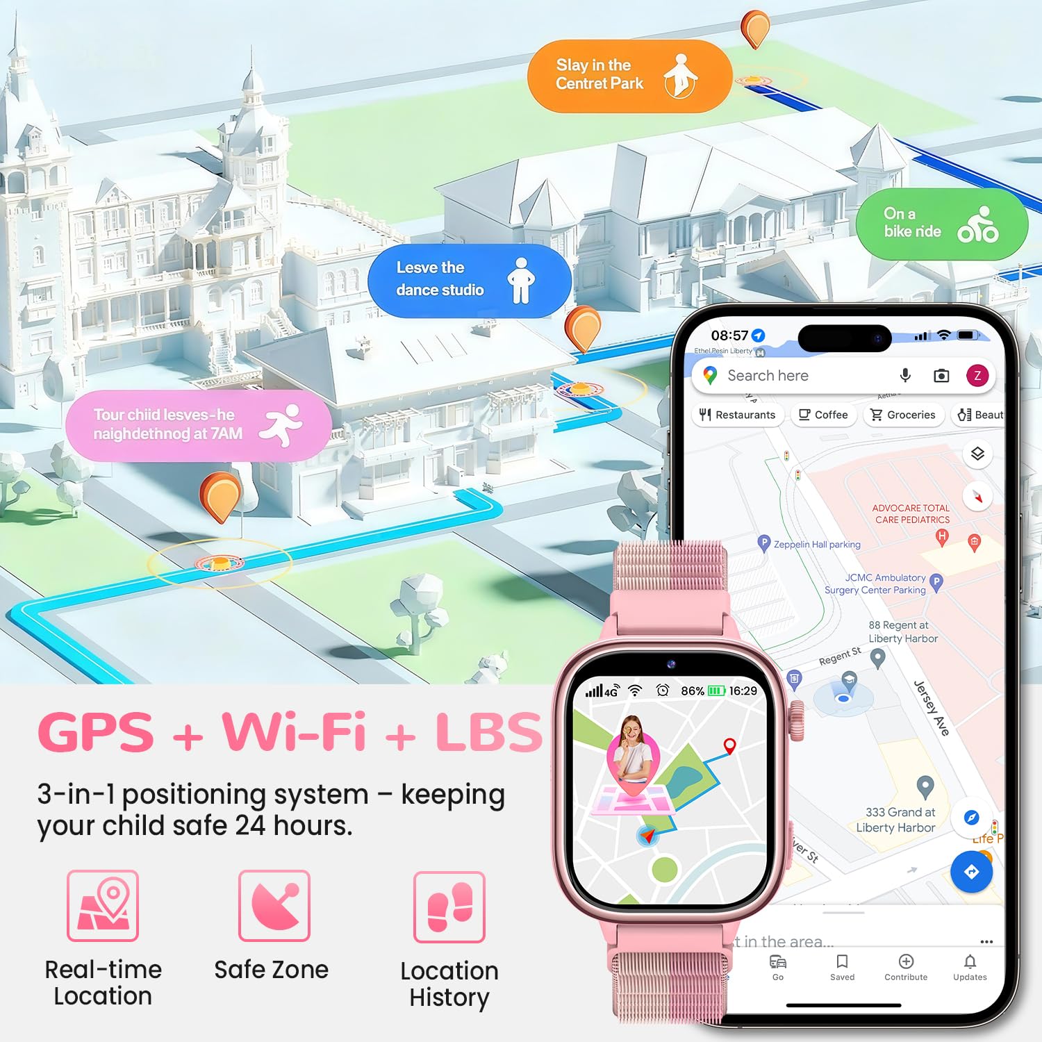 4G Smartwatch Bambini con GPS, Orologio Smartwatch Bambini con Chiamate, Videochiamate, Chat Vocale, SOS, Modalità Scuola, Sveglia IP68 Calcolatrice Contapassi Smart Watch per Ragazzi e Ragazze, Rosa