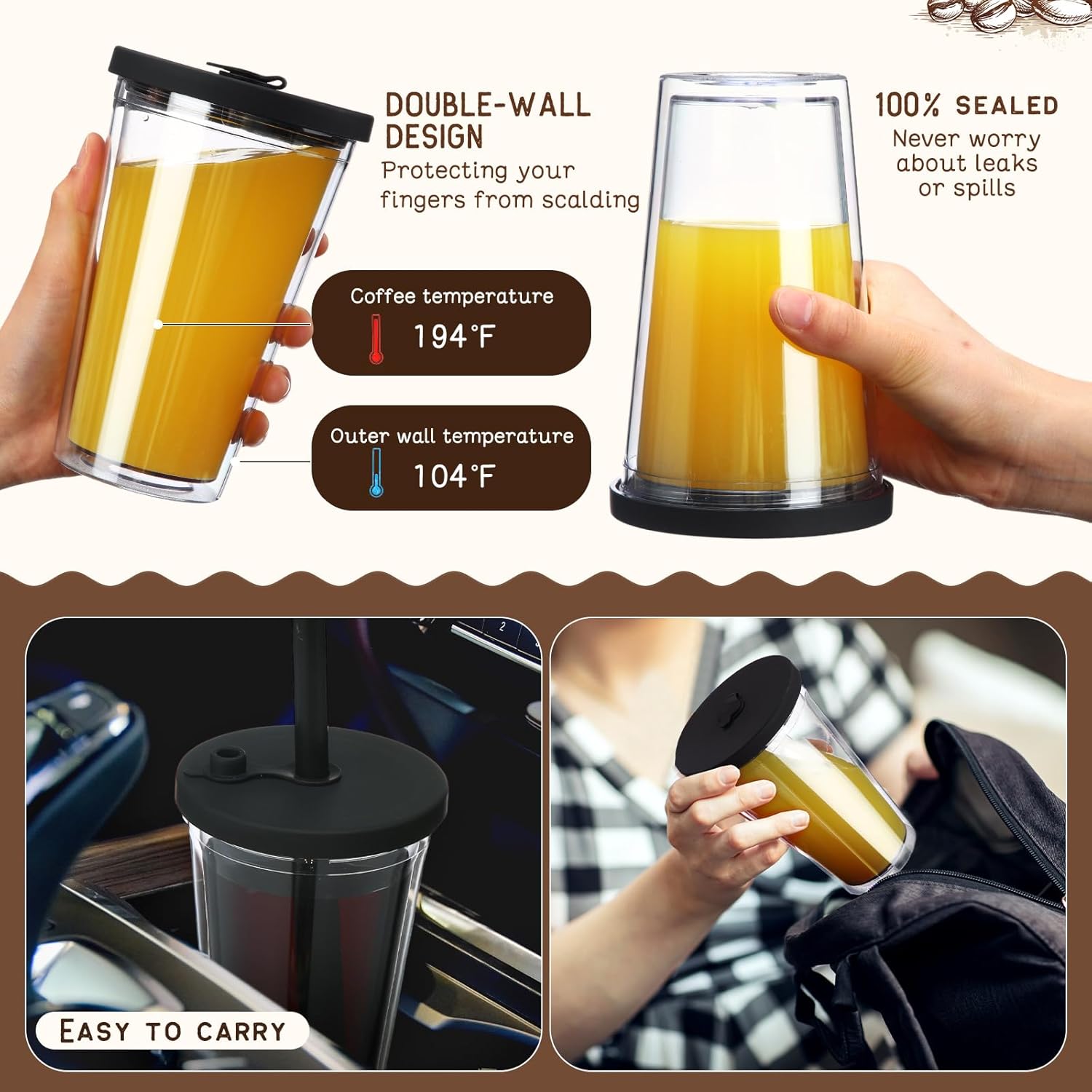 Honeydak 2 Pack 16oz Reusable Iced Coffee Cups with Lids Leakproof and Double Wall Insulated Plastic Iced Coffee Tumbler with 2 Straws and Straw Cleaner(Black) - Image 3
