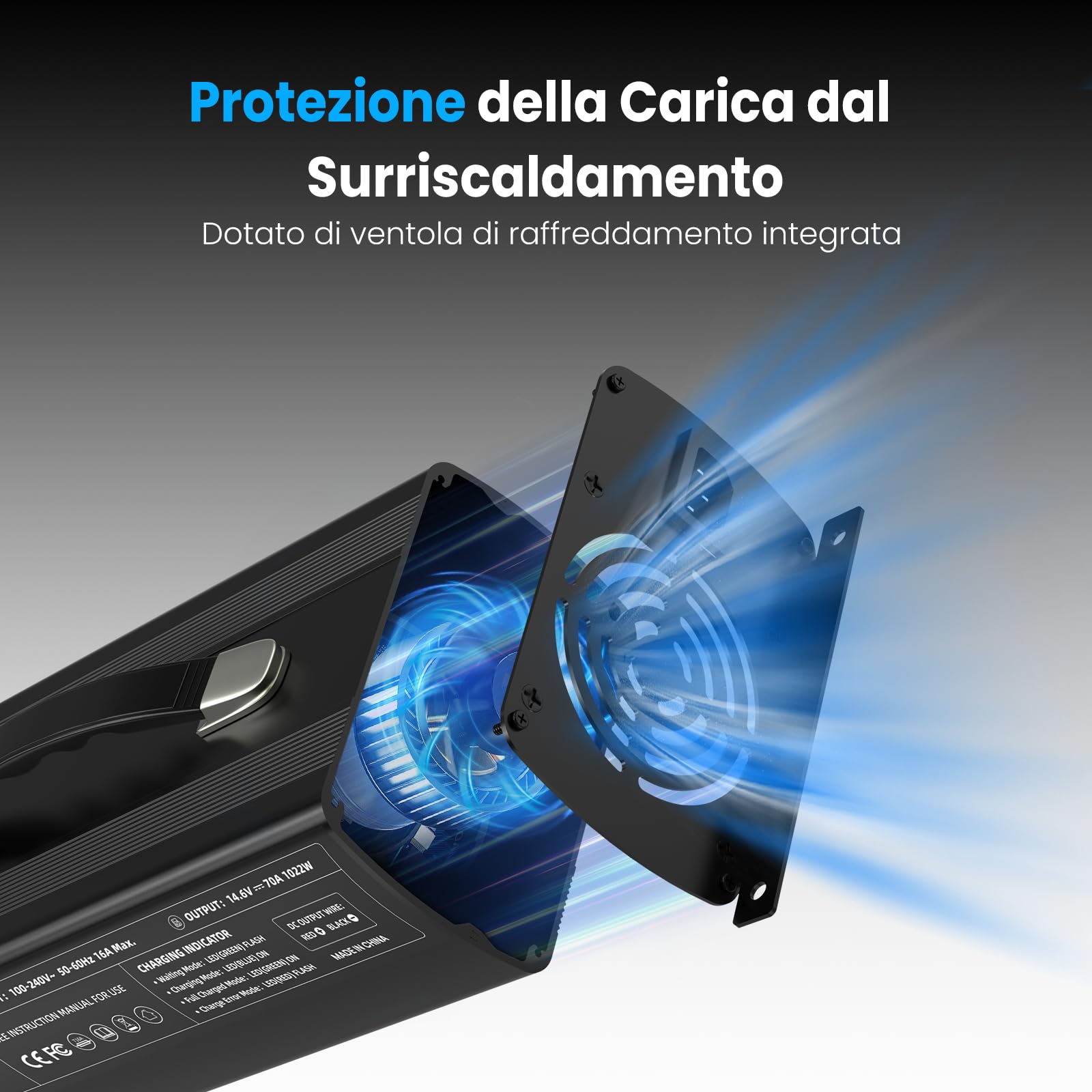 VATRER Caricabatteria 14,6V 70A LiFePO4 12V LED Ventola | Caricabatteria intelligente 14,6V 70A studiato esclusivamente per batterie LiFePO4 12V