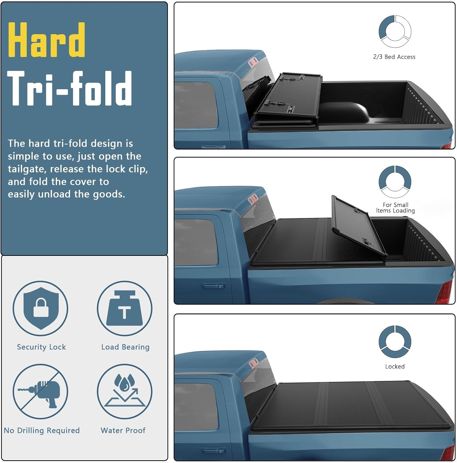 Images showing the hard tri-fold tonneau cover in locked, 2/3 bed access, and small item loading positions
