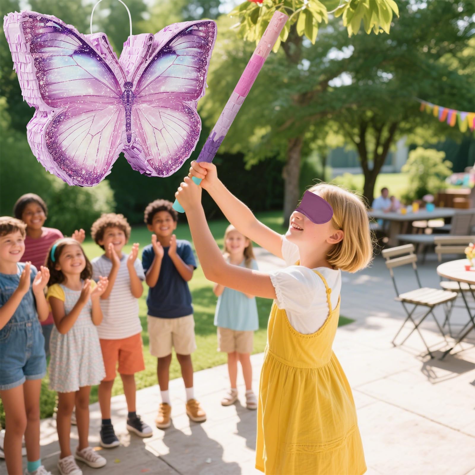 Butterfly Piñata - Purple Butterfly Piñata with Bat and Blindfold for Girls Kids Purple Themed Birthday Party Game Decorations (16”x11.5”x3”)