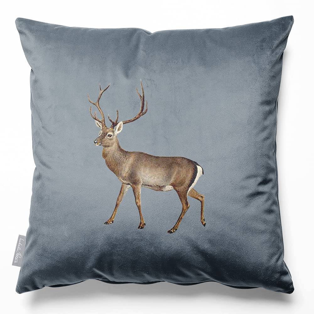 Izabela Peters Stag - French Grey Filled Cushion With Cover - Eco-Friendly Velvet, 45 Cm, Stag French Grey - For Chair, Sofa, Seat