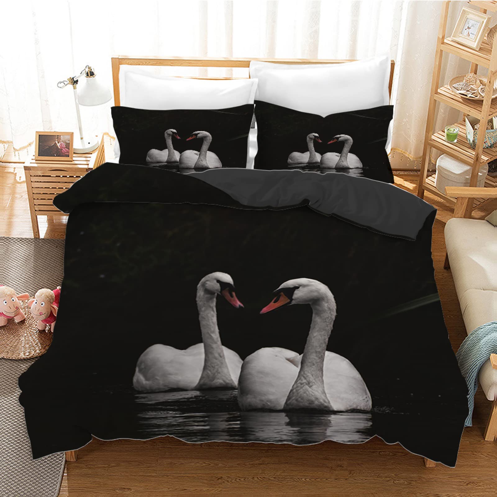 Housse de couette 90x190 cygne noir 110g/m² respirante et facile à repasser