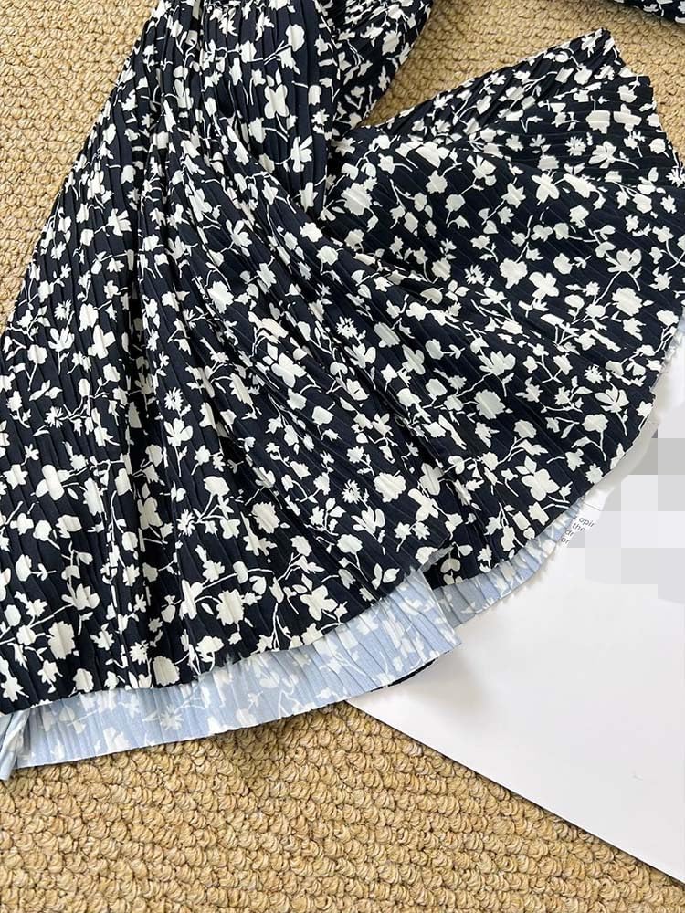 Women’s French Floral A-Line Midi Skirt, High-Waisted Cotton Casual Long