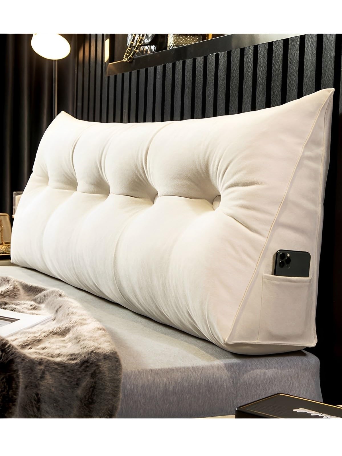 LUXUCURE Headboard Back Rest Cushion Support Pillow,Triangular Large Reading Pillow with Side Pocket,Lumbar Support Back Wedge Pillow for Bedroom Bed Bay Window Tatami Sofa,White,100x50x20cm