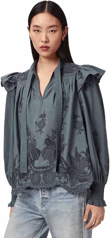 AllSaints Women's Nisa Emb Top Steel Blue 0 at Amazon Women's