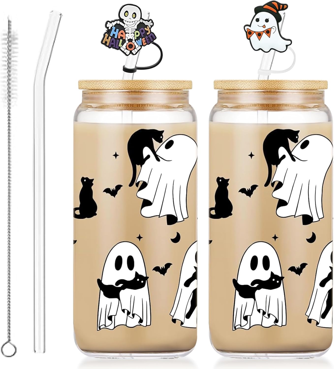 4-Piece Set 18oz White Ghost Glass Coffee Cups with Lids and Straws - Halloween & Gothic Home Decor