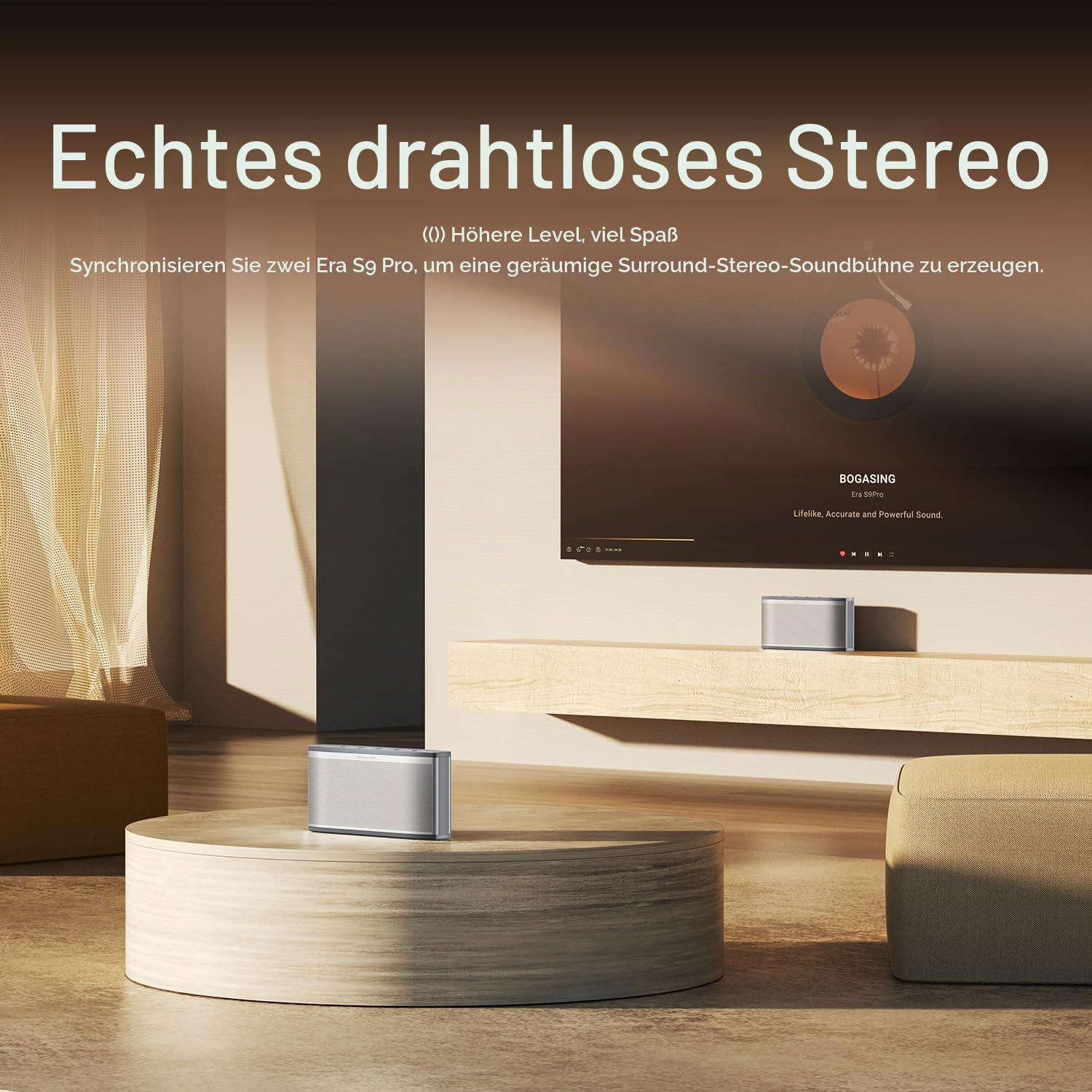 BOGASING Era S9 Pro Bluetooth Lautsprecher, 2-Kanal Musikbox mit Stereo-Sound, Dual passiven Radiatoren, 48h Wiedergabe, EQ, TF Karte, AUX, kabelloser Bluetooth Box für drinnen und Büro (Silber)
