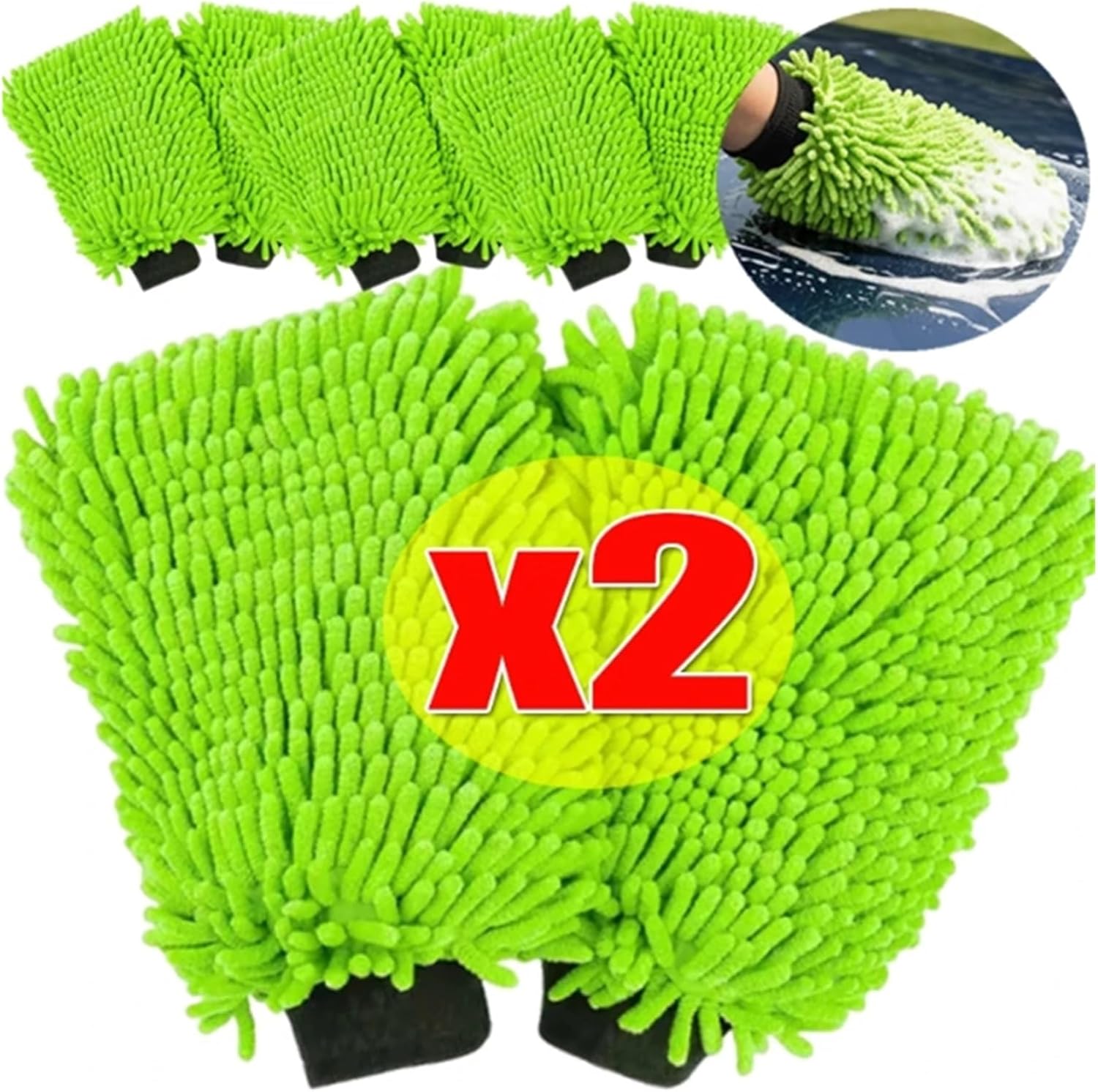 Microfiber Car Wash Gloves - Super Soft Scratch-Free Wash Mitts for Detailing and Cleaning (1/2PCS)(2pcs Green)