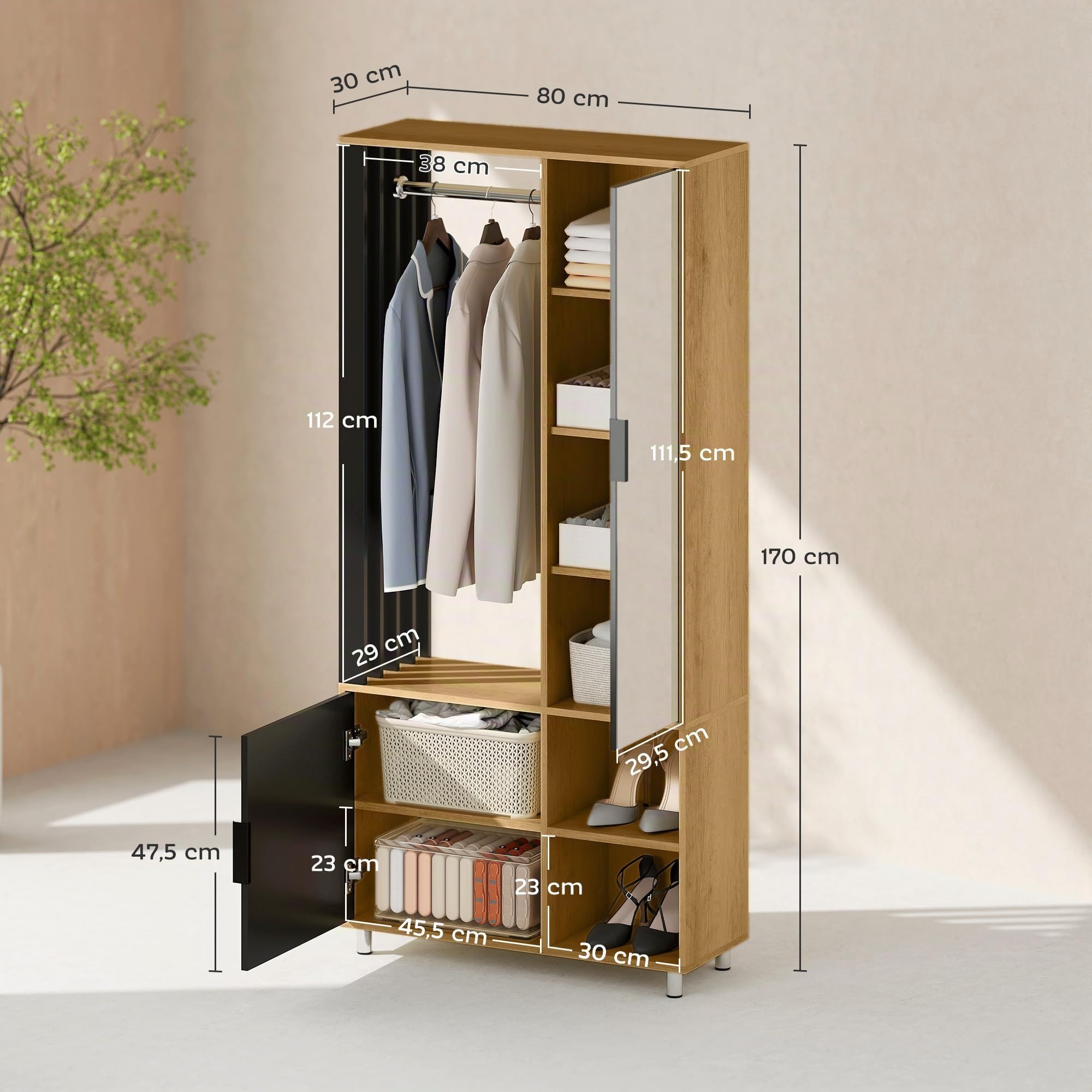 HOMCOM Armadio con Specchio 80x30x170cm Legno Naturale