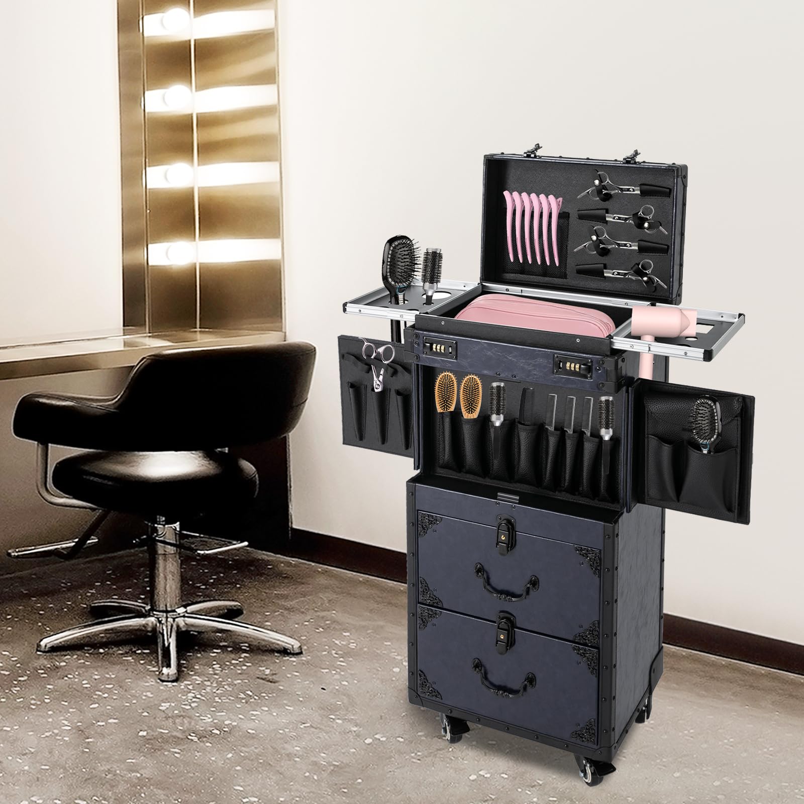 Kosmetikkoffer Trolley, Abschließbarer Schminkkoffer, Friseurkoffer Groß mit 4 Universal Rollen, Make-up Koffer, Für Zuhause Reisen Hochzeit Und Profis, 38 x 25.5 x 82 cm, Blau
