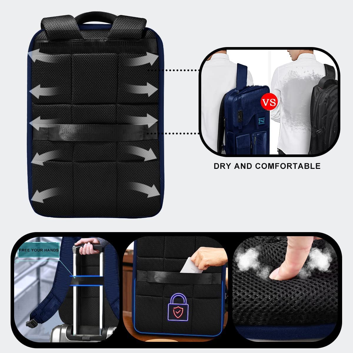 ZINZ Schlanker & Erweiterbarer Laptop Rucksack 15,6 Zoll Business Rucksack, Anti Diebstahl Reisen Rucksack für Wasserdichte Notebook Tagesrucksack Schulrucksack Herren Damen,Blau