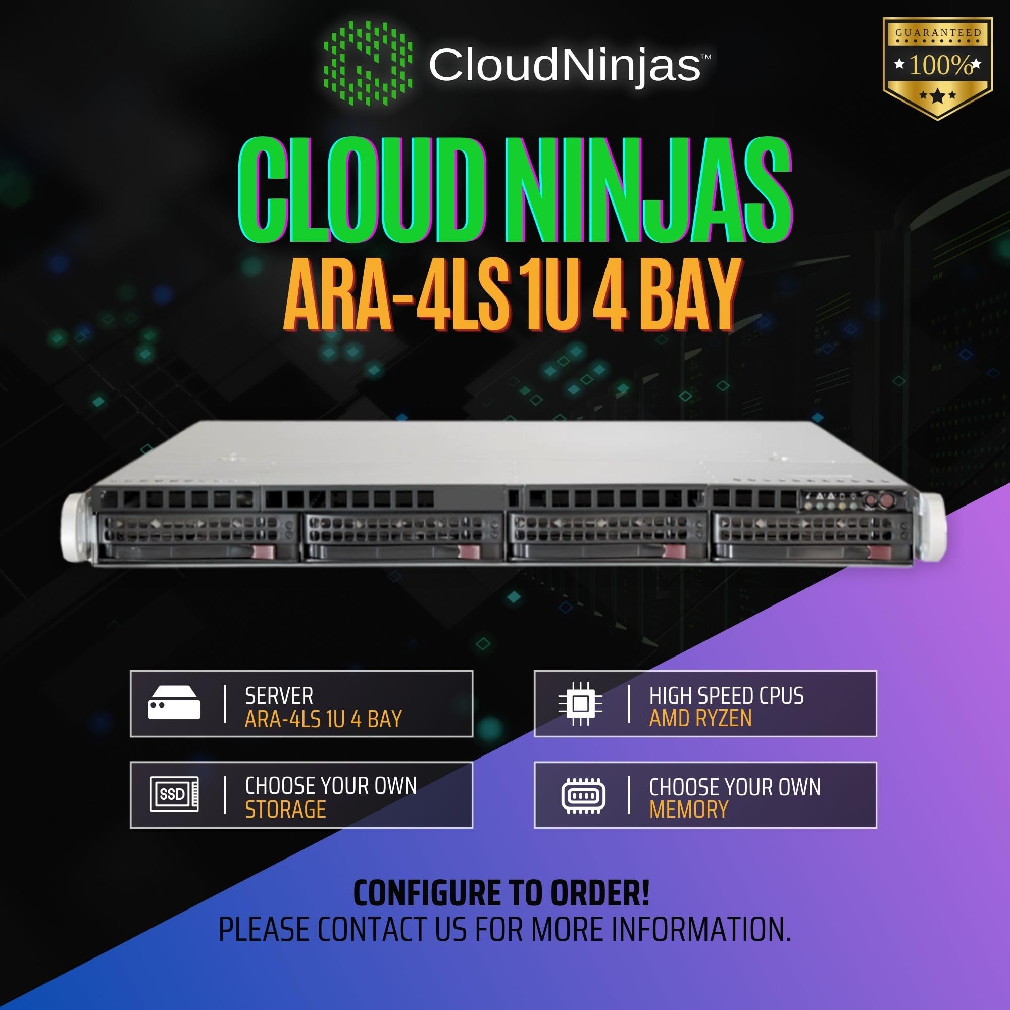 Cloud Ninjas ARA-4LS 1U 4 Bay Server Ryzen 9 7900X 12 Core 4.7 GHz 64GB DDR5 4800 ECC AM5 Motherboard 990 PRO 1TB M.2 2280 NVMe SSD 4X EXOS 7E10 2TB SATA Dual Intel 10GbE SFP+ PCIe 350W PSU Rail Kit