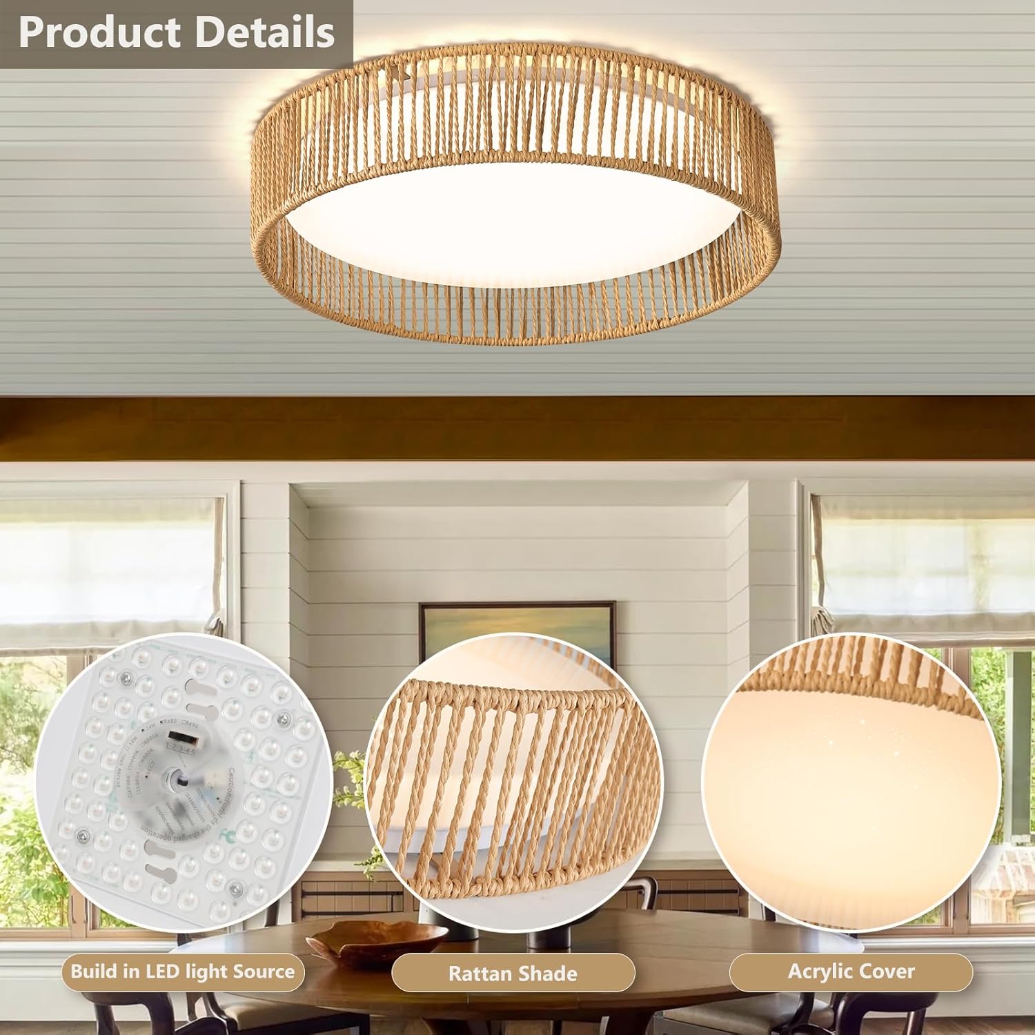 Rattan Overhead Light Fixture, 24W 16.9inch LED Dimmable Handwoven Boho Light Fixture 5CCT 3000K-6000K for Hallway Bedroom Kitchen Entryway Living Room