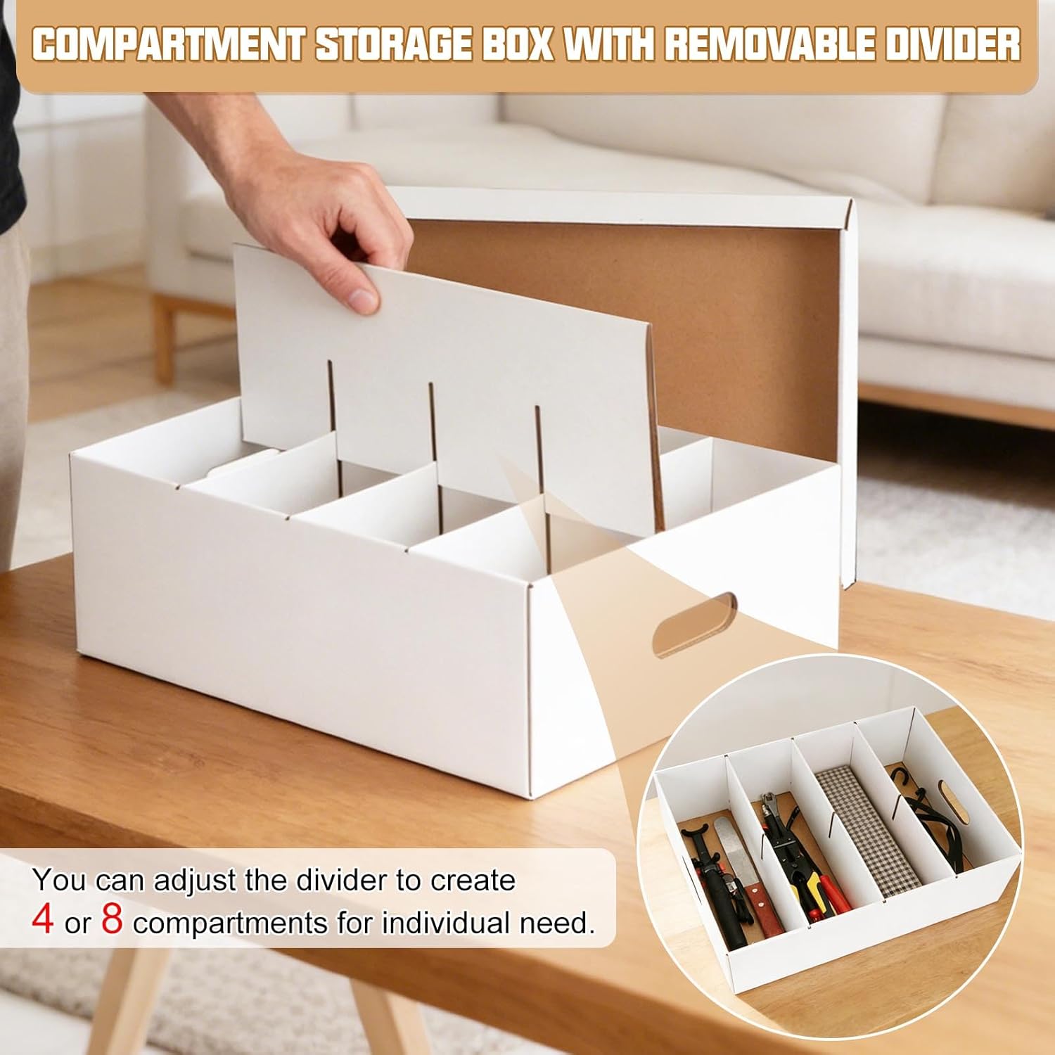 Compartment Storage Box, 4 Pack Organizer Box with Dividers, Detachable Art Storage Organizer with 8 Compartments, Storage Bins with Lids, Craft Organizers for Cards, Photos, Decorations, DIY Crafts
