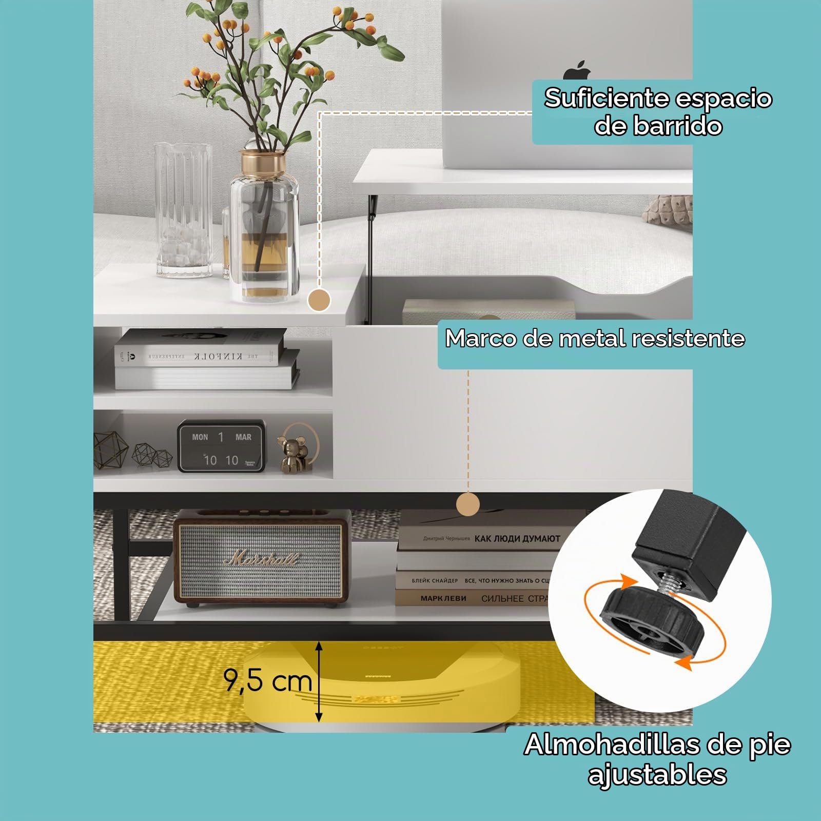 LIFEZEAL Mesa de Centro elevable, Mesa de salón con Compartimento Oculto, Mueble de salón con Estructura de Metal, Estante de Almacenamiento extraíble, 100 x 49,5 x 47,5 cm (Blanco)