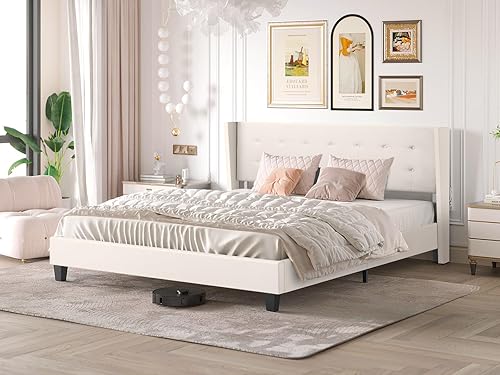 Miniatura 8 de BONSOIR Base de cama tapizada tradicional de perfil bajo con cabecera trasera de ala, no necesita somier, no necesita falda de cama, tapicería de