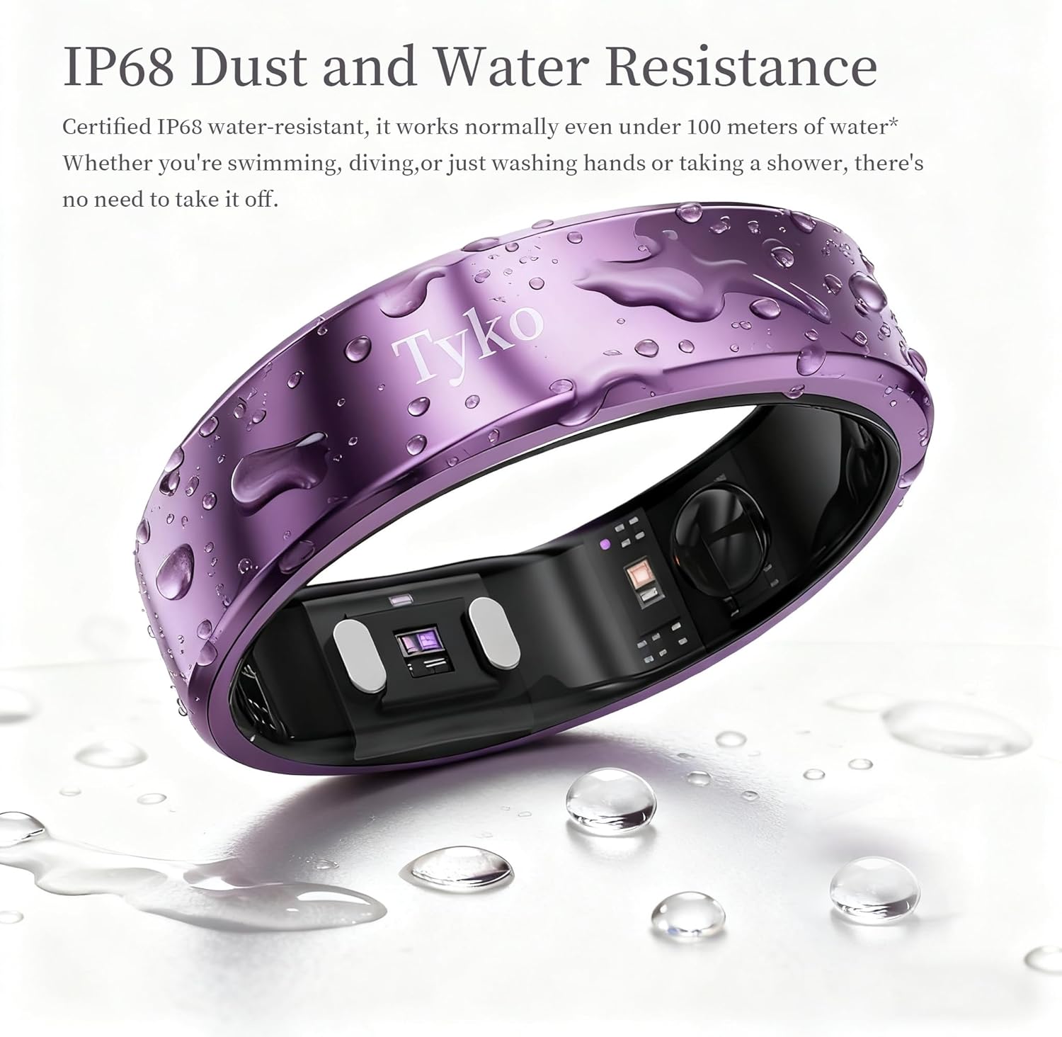Tyko Smart Ring RCA-02, Titanium Steel Health Tracker with Heart Rate and Blood Oxygen Monitoring, 10-Day Battery Life, IP68 Waterproof, Purple, Size 11