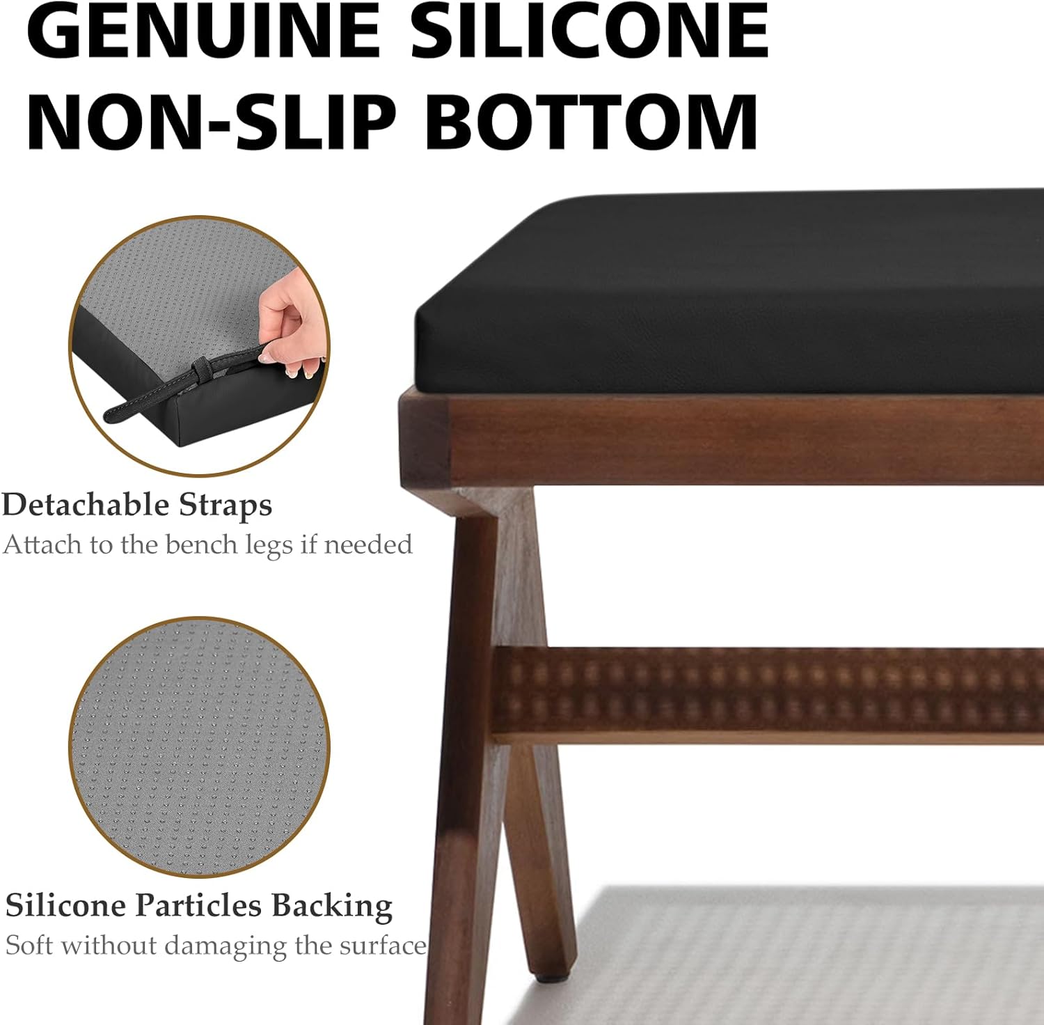 Shinnwa Waterproof Bench Cushion with Ties for Indoor Furniture, Dual-Layer Memory Foam Bench Seat Cushion with Faux Leather Cover and Non-Slip Bottom, 36 x 15 x 2”, Black