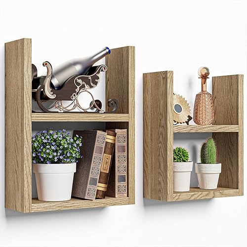 Estante flotante de madera de pino, estantería de madera negra carbonizada ligera de 2 niveles, estantes flotantes en forma de U de 11 pulgadas de