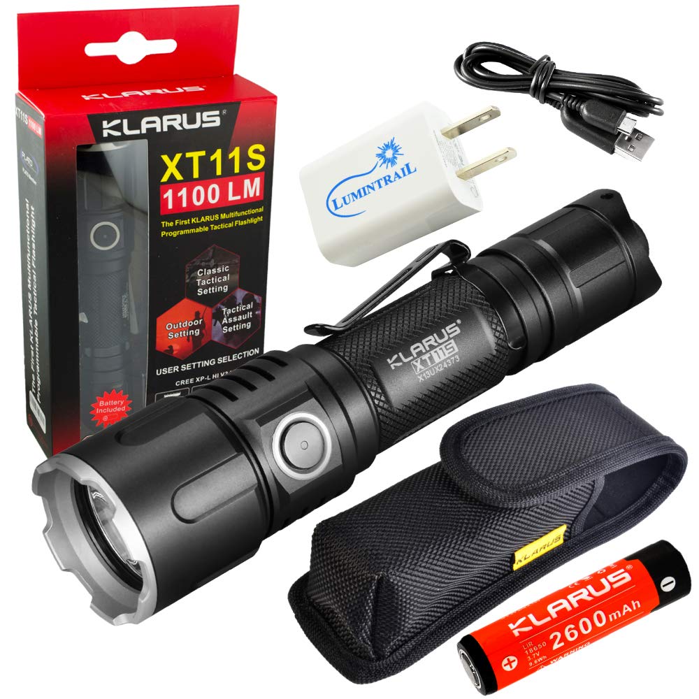 Klarus XT11S Tactical Flashlight 1100 Lumen LED Light Bundle with a Lumintrail USB Wall Adapter
