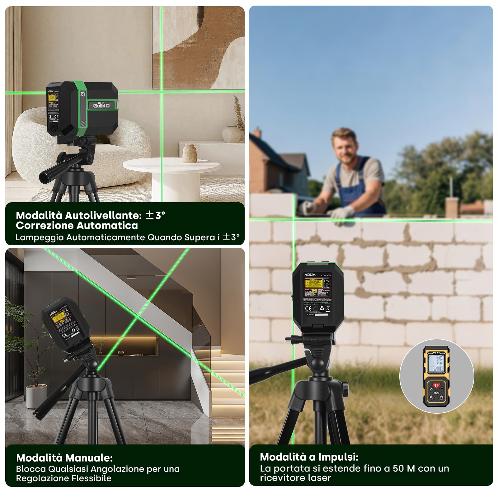 Livella Laser con treppiede, Verde Autolivellante Modulo Laser Doppio 50M, 3 Modalità per Passare Orizzontale/Verticale, Modalità a impulsi, USB Ricarica, IP54 per Cantieri,DIY