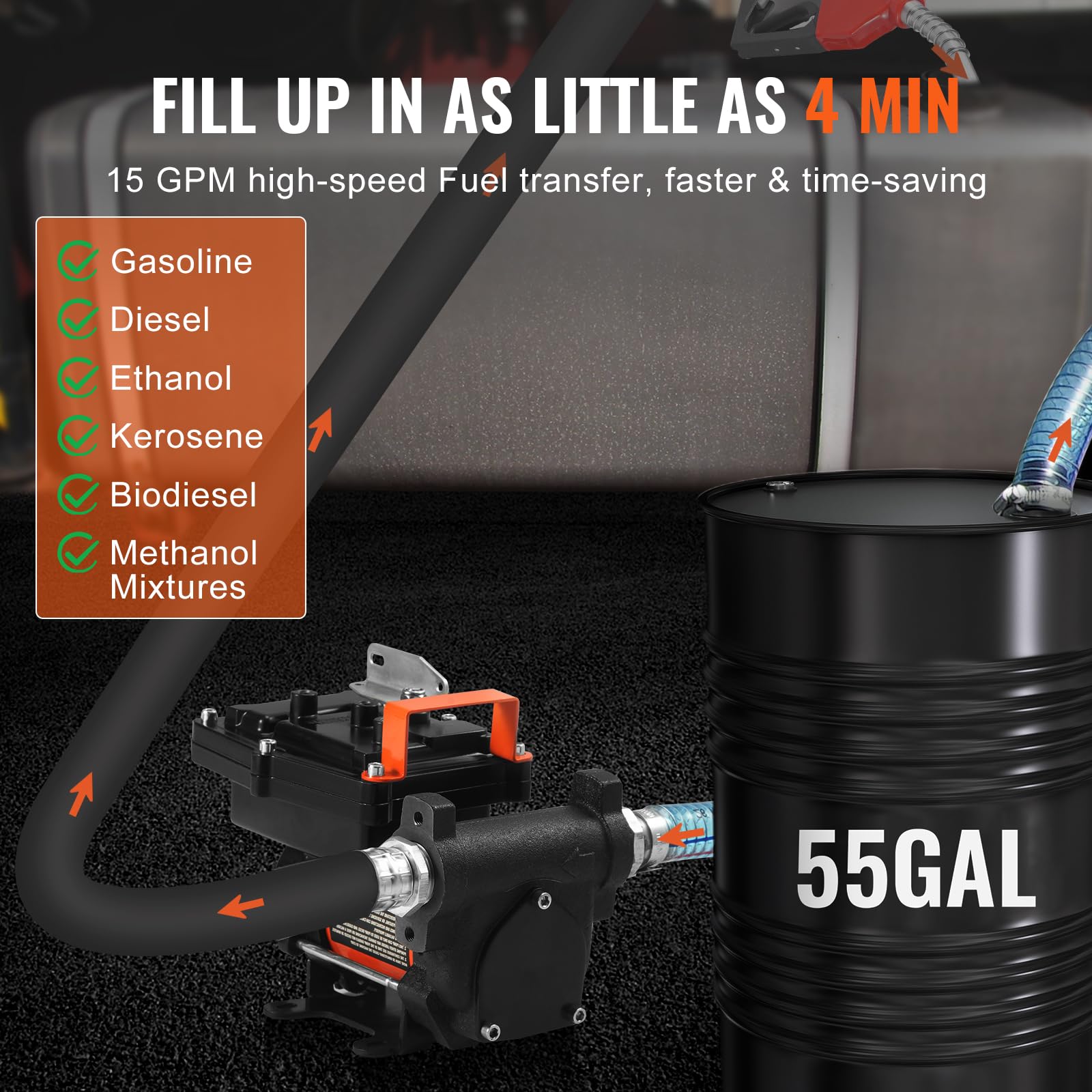 VEVOR Bomba Transferencia de Combustible 12V CC 15 GPM 1/4 HP Bomba de Transferencia de Diésel Eléctrica Portátil con Boquilla de Combustible Apagado Automático para Mezclas de Gasolina, Diésel
