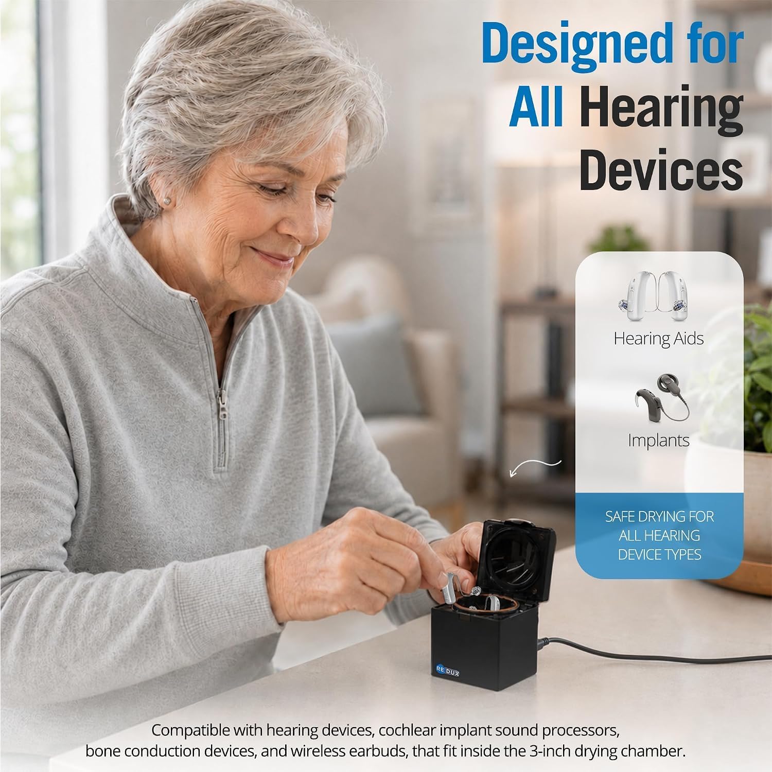 Redux DryBox Hearing Aid Dryer & Dehumidifier with 30-Minute Vacuum Drying | Removes sweat and moisture from rechargeable hearing aids, wireless earbuds and ear amplifiers