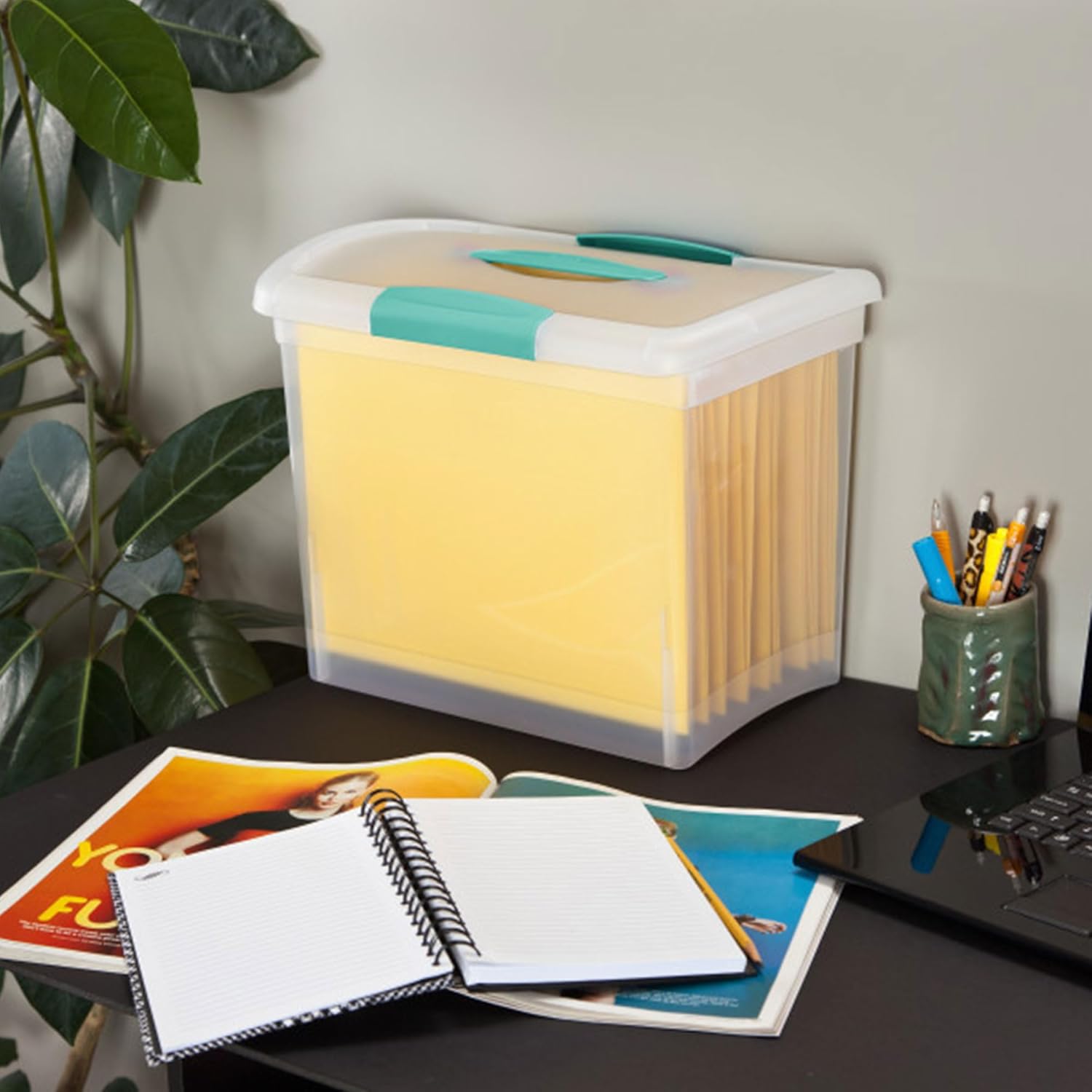 Sterilite Large Nesting ShowOffs, Stackable Small Storage Bin with Latching Lid and Handle, Plastic Container to Organize Office Files, Clear, 6-Pack