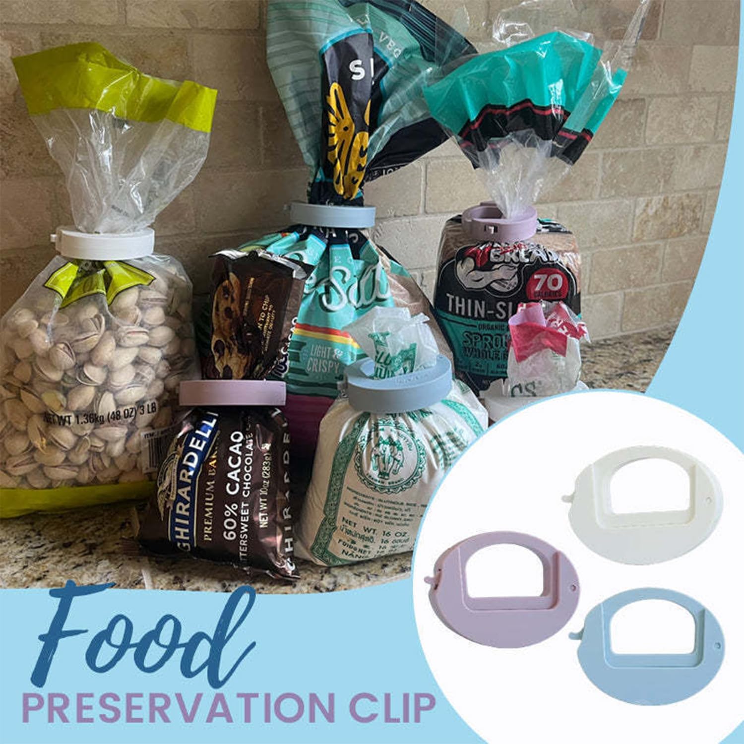 Food Storage Sealing Clips– Adjustable Squeeze and Lock Bag Clips for Food Storage&Chip&Bread&Dog Food&Snack Clips for Bags, Squeeze & Lock Bag Clips with Moisture-Proof Design (White and Purple)
