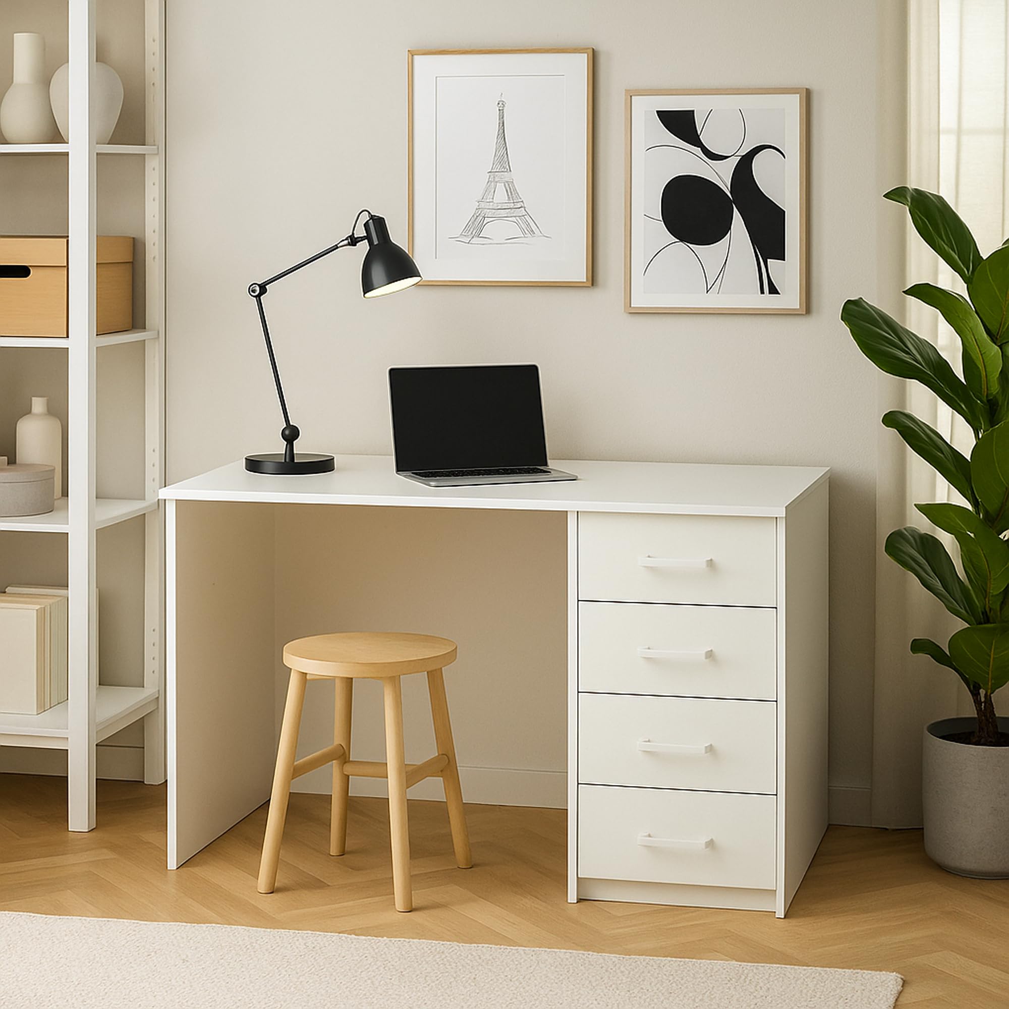 FRANKYSTAR Cassiopea - Scrivania con 4 Cassetti 110x56x73 cm per PC da Ufficio in Legno Bianca