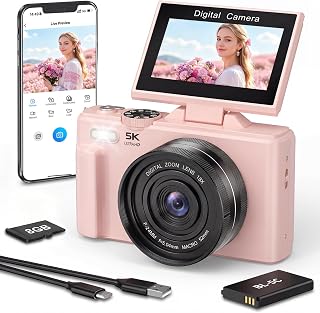 5K Appareil Photo avec WiFi, Écran Retournable pour Selfies, Débutants Rose