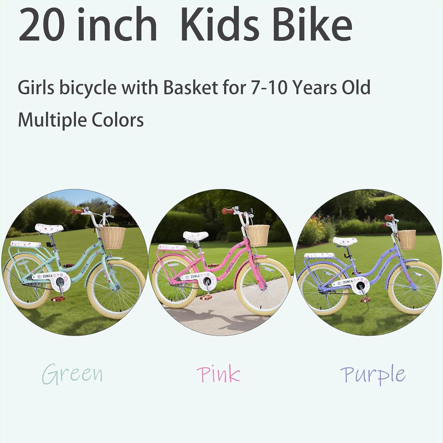 20 Inch Girls Bike ，Girls Bike with Basket for 7-10 Years Old Kids，No Training Wheels Included ，Single Speed,Multiple Colors