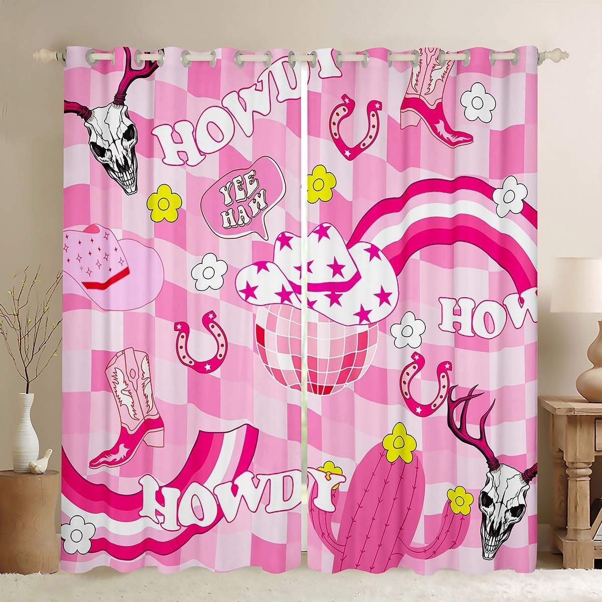 Cowgirls Blackout Curtain Western Cowgirl Boots Hat Horseshoe Window Drapes, Hot Pink Daisy Cactus Cow Skull Window Treatments, Kids Girl Room Decor, Grommet Top 2 Panel Set Curtains, 38Wx45L inch