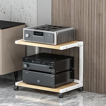 AV Media Stand with Wheels, Gaming Shelves Audio Cabinet Stereo Component Cabinet Small Media Console Storage Rack Audio Tower Corner Entertainment Center for Record PlayerWhite,50x40x45cm